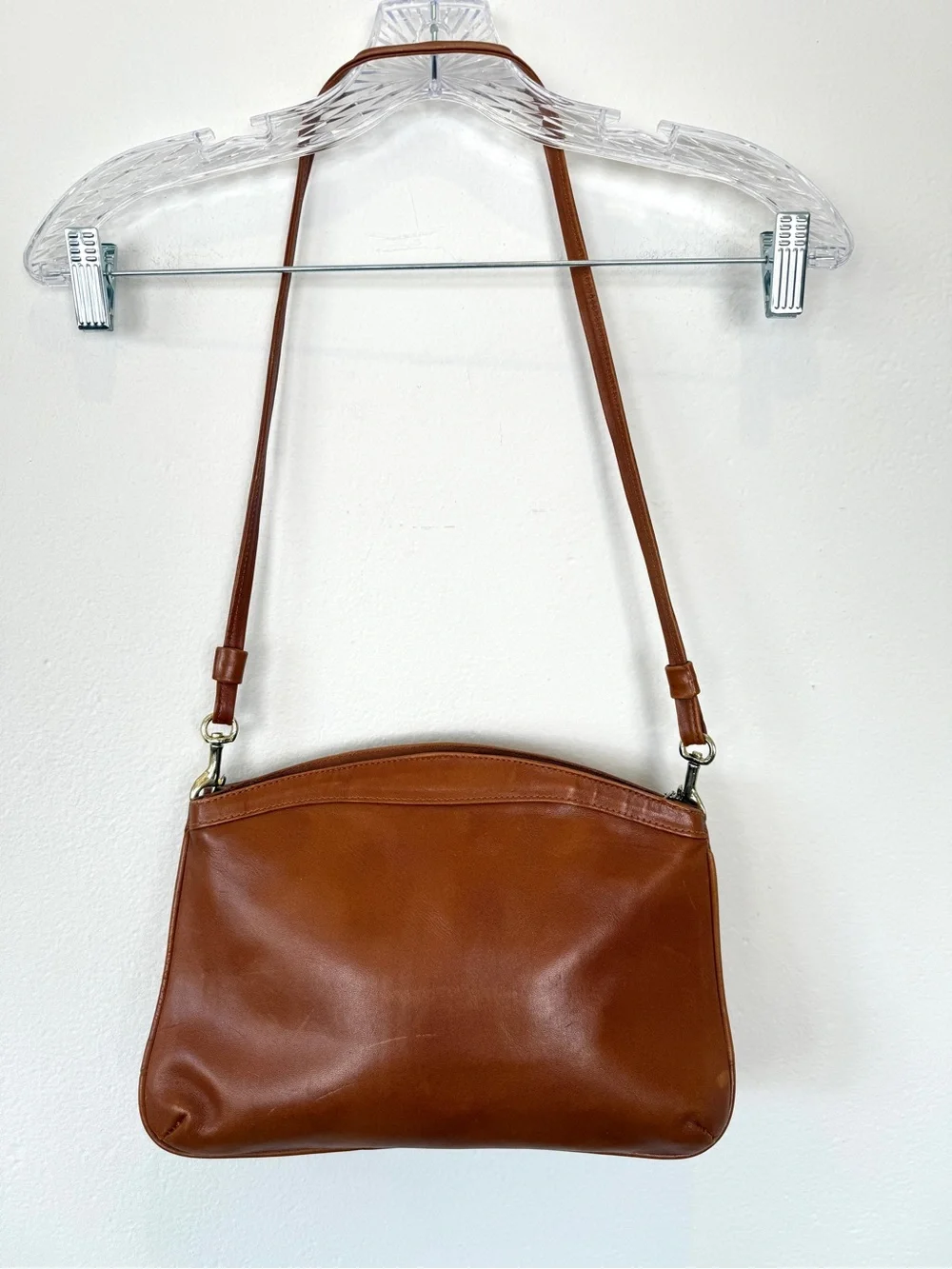 Vintage Brown Leather Double Zip Crossbody Shoulder Bag Purse